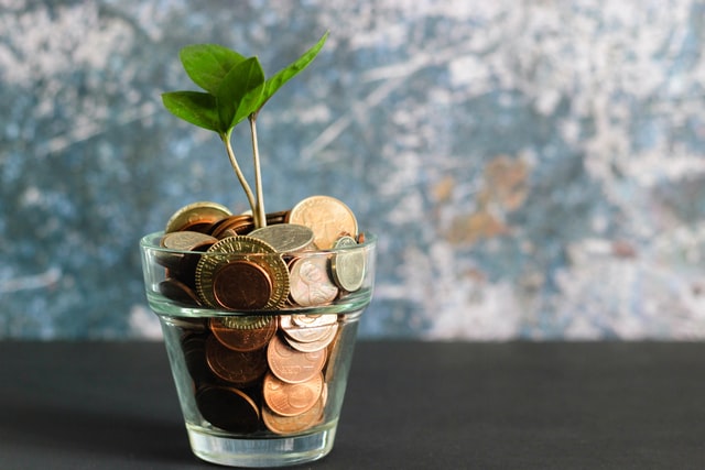 Fresh green shoots growing from a glass full of coins