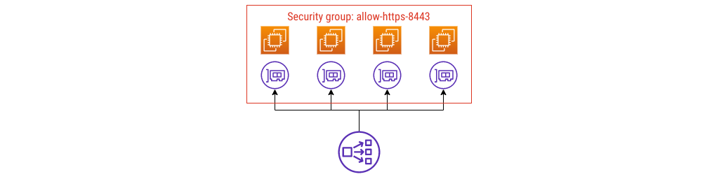 Instances, ENIs, NLB. Instances are in security group named allow-https-8443.