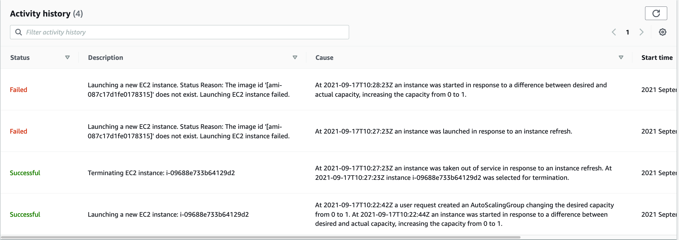 An AWS console screenshot showing a failed EC2 instance launch because an AMI does not exist.